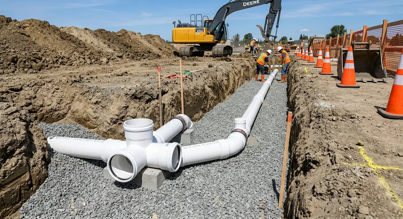 New PVC sewer pipe installation in open trench for Commercial Drain Cleaning in Pearl