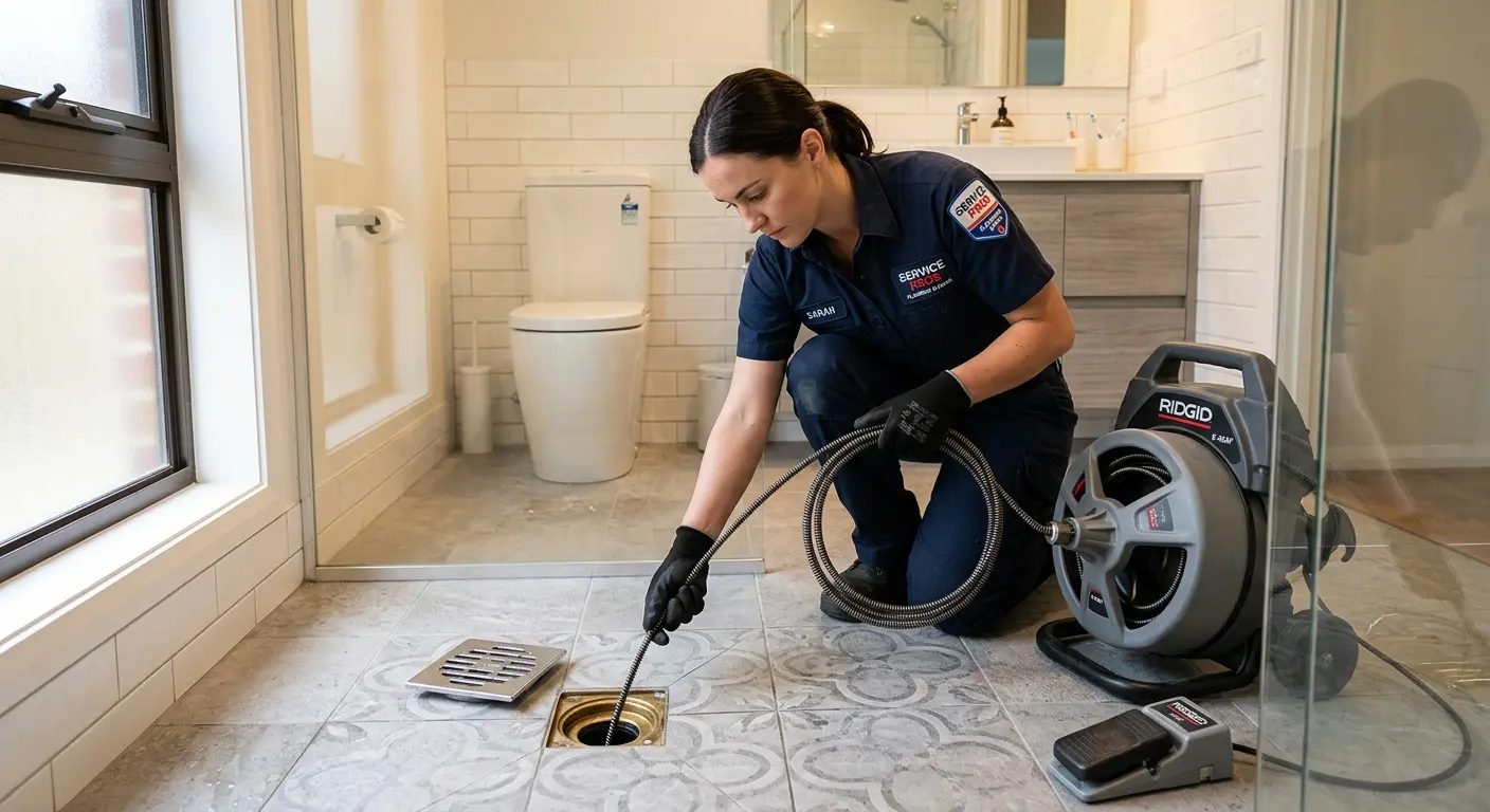 Technician clearing a bathroom floor drain for Drain Cleaning in Pearl